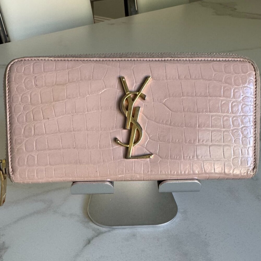 YSL Monogram Croc-Embossed Zip Around Wallet in Blush